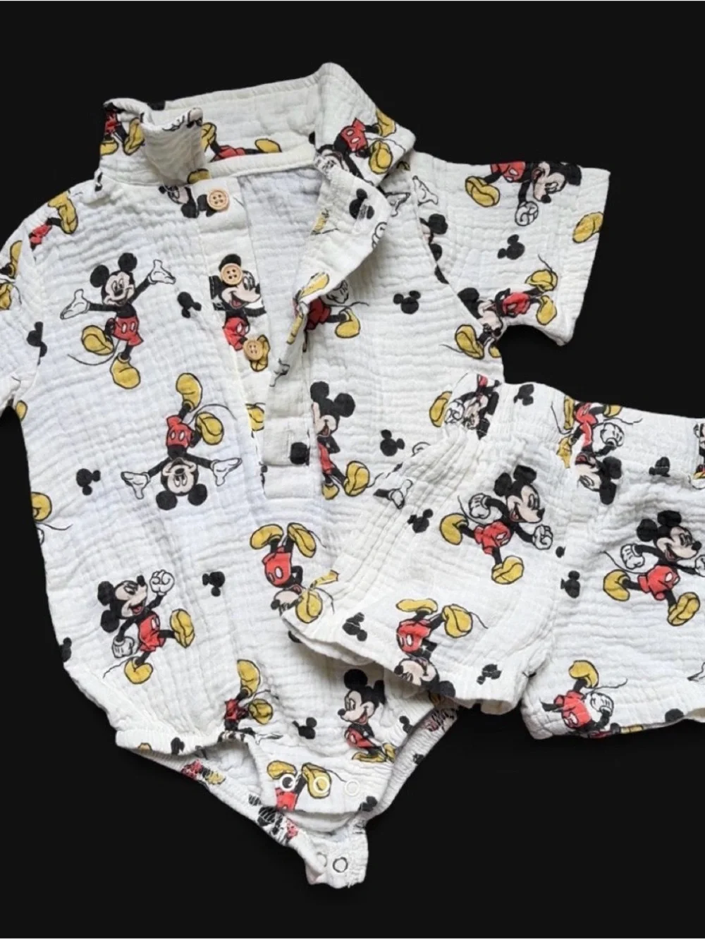 Mickey Mouse Cream Cotton Baby Set - Short Sleeve Romper & Shorts